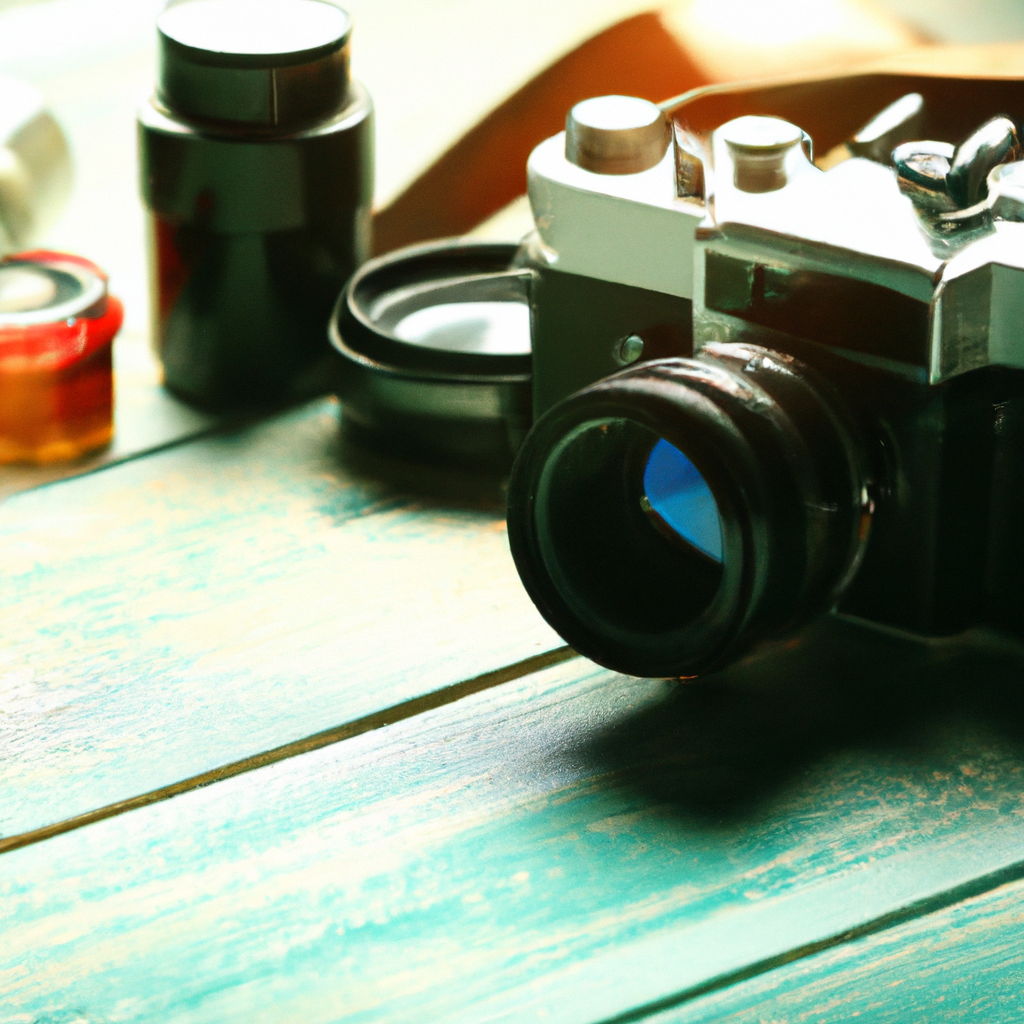 Cámara analógica y digital sobre escritorio de madera